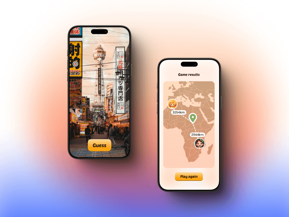 Screenshots explaining gameplay mechanics of city guesser with interactive clues and controls.