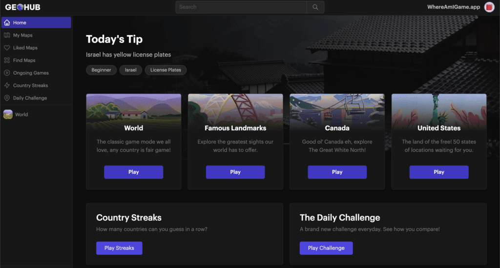 Screenshot of Geohub multiplayer lobby and leaderboard, a free geoguessr alternatives for interactive Street View challenges.