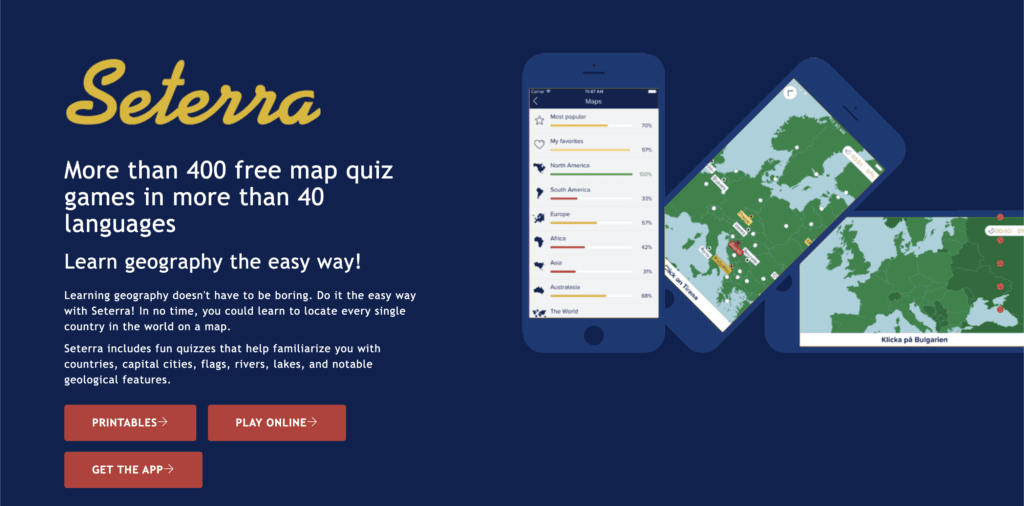 Screenshot of Seterra interactive map and quiz interface, a comprehensive geoguessr alternatives platform for learning world geography.