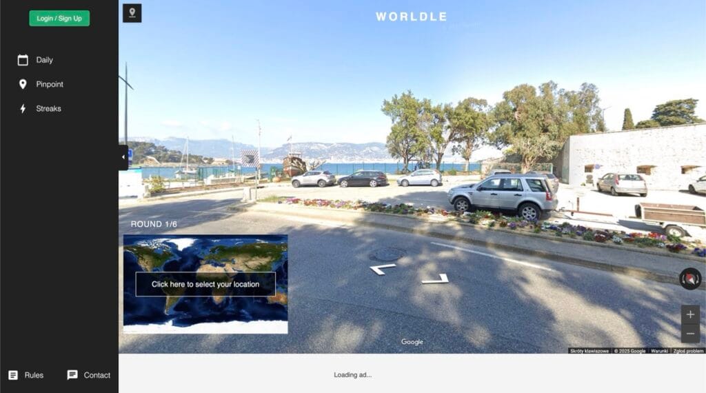 Daily challenge interface of WordleDaily with Street View imagery.