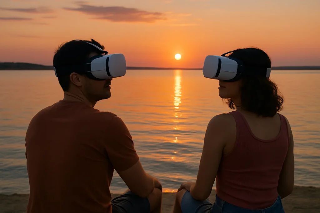 Two people wearing virtual reality headsets sit by the water at sunset, experiencing VR travel adventures and virtual vacation.