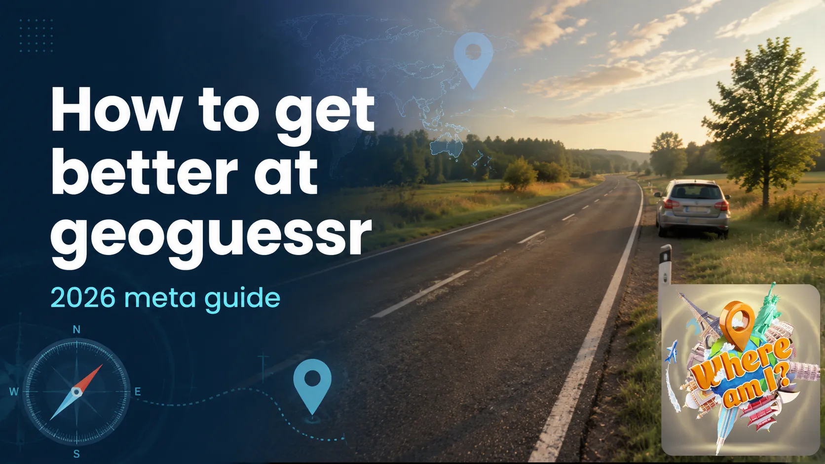 Featured cover image for How to Get Better at GeoGuessr, showing a street-view style road scene with country clues and the Where Am I? logo.