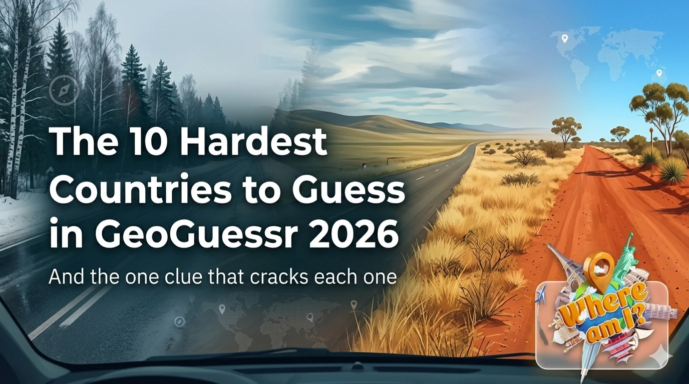 Featured image for The 10 Hardest Countries to Guess in GeoGuessr 2026, showing difficult country landscapes and the Where Am I? logo