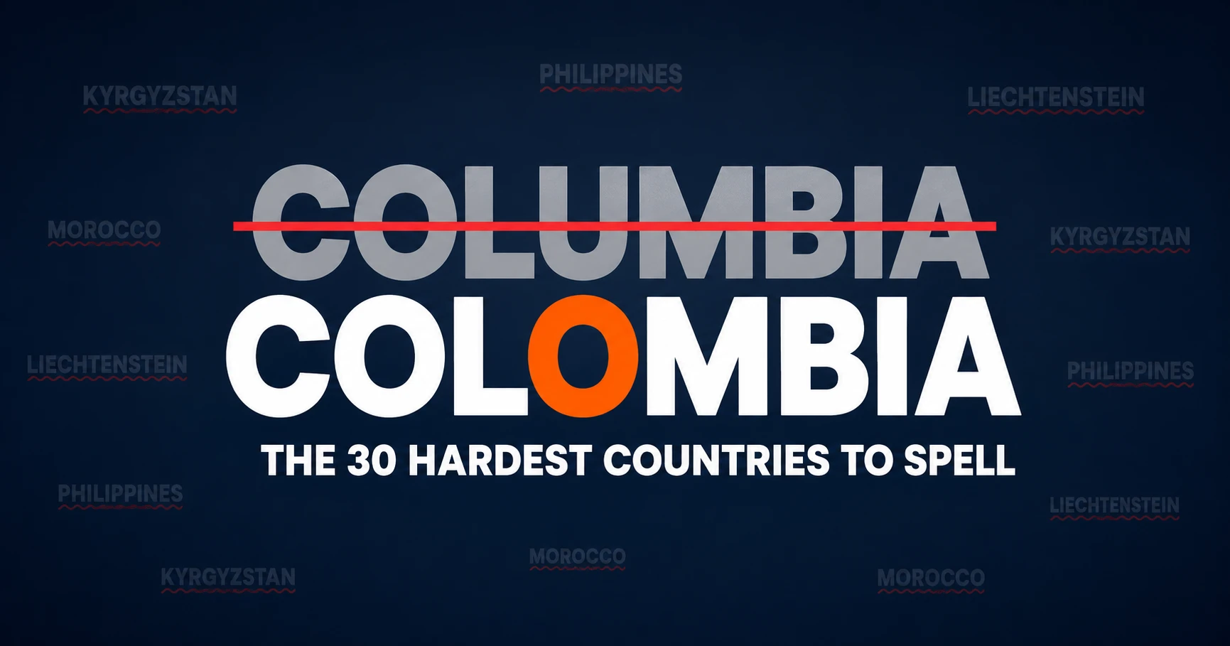 Colombia spelled correctly below the crossed-out misspelling Columbia, from a ranking of the hardest countries to spell
