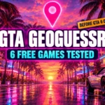 GTA GeoGuessr: 6 Free GTA Map Guessing Games, Tested (2026) Neon Miami-style street at sunset with a glowing map pin and the words GTA GeoGuessr, 4 free games tested