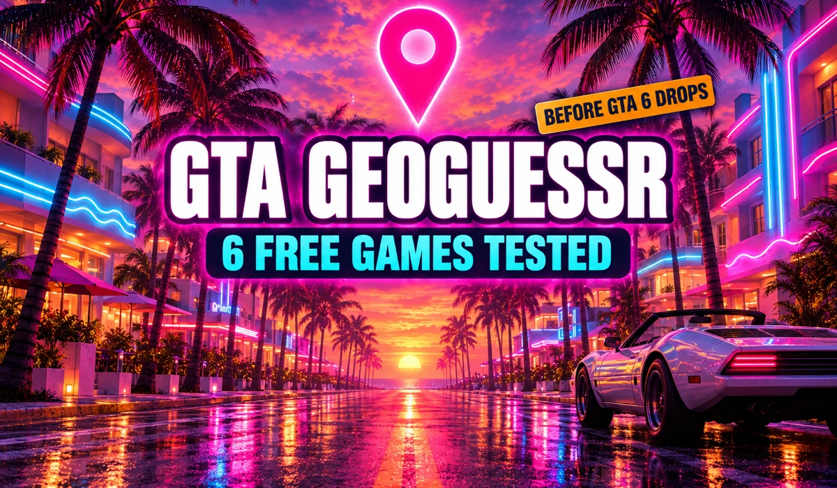 Neon Miami-style street at sunset with a glowing map pin and the words GTA GeoGuessr, 4 free games tested
