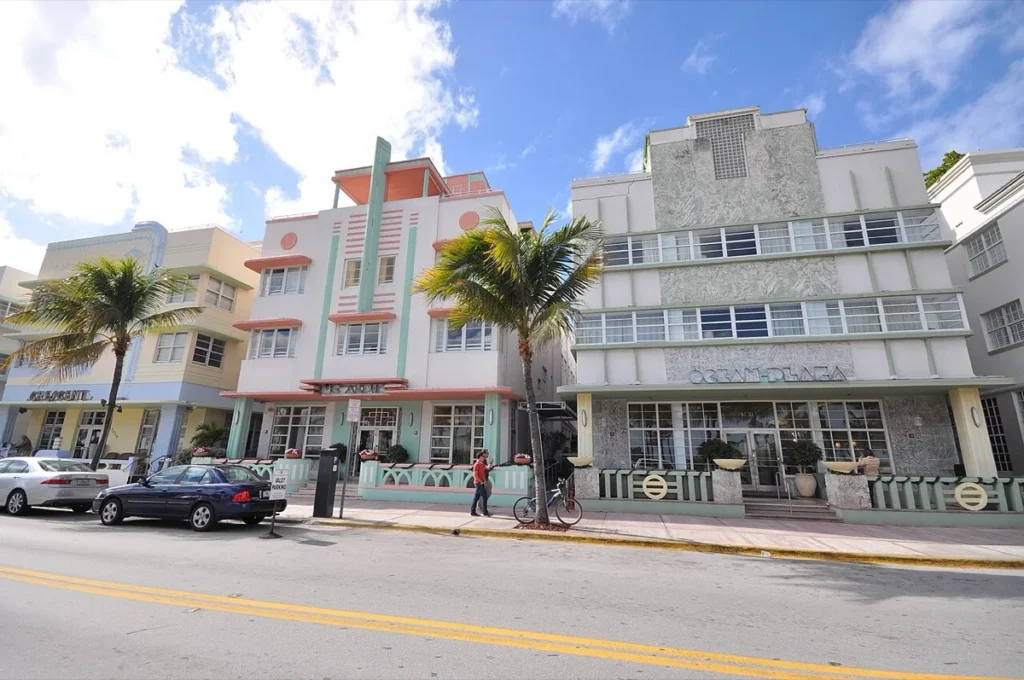 Art deco hotels along Ocean Drive in Miami Beach, the kind of street that inspired the look of Vice City